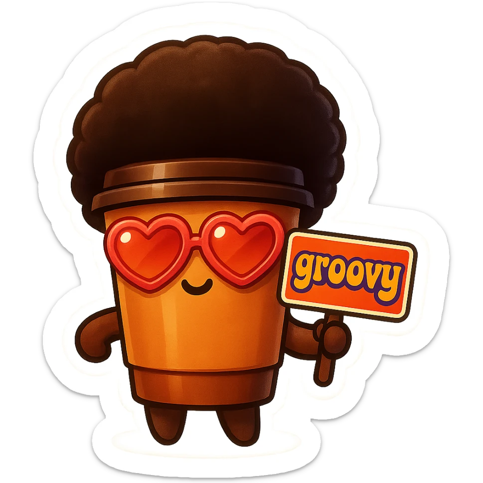 Tall coffee cup, no mouth, afro, heart glasses, holding sign "groovy" sticker