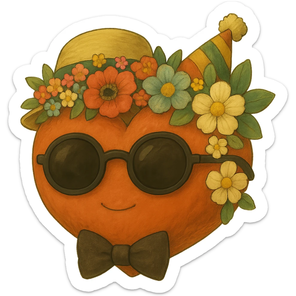 Add a crown of colorful flowers to the orange heart, keeping the soft and painterly ghibli style with no background. sticker