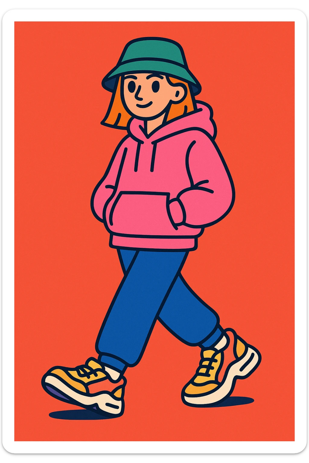 dressed up woman in a cool Gen Z look, oversized hoodie, chunky sneakers, bucket hat, playful vibe sticker