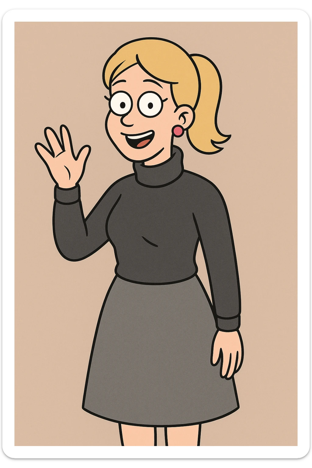 Women Medium Blonde median ponytail hair pink circle earrings Charcoal Athens Merino Wool Roll Neck Jumper Grace skirt a hand say hello sticker