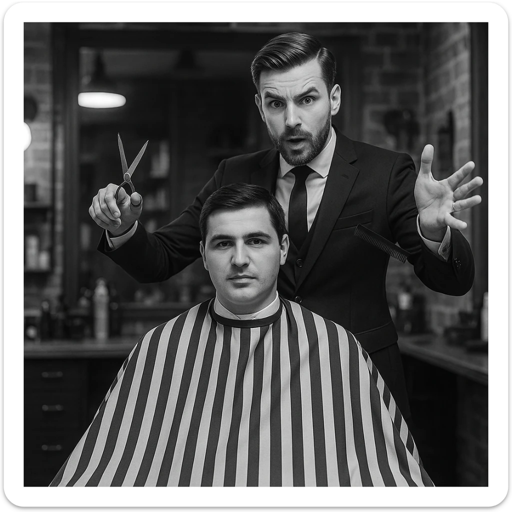 manashu akani yuzlaridan foydalanib sartarosh chizib bergin u soch olishga tayyor turganini chizib ber old rakursda bulsin mijoz tugriga qarab utirganini va sartarosh uni orqasida turib bitta ulida qaychi, ikkta quli bilan tayyorgarlik kurib turganini chizib ber xuddi 1,2,3 boshladik degandey birdaniga ishga kirishib ketadigan dek tayyor bulib tursin sticker