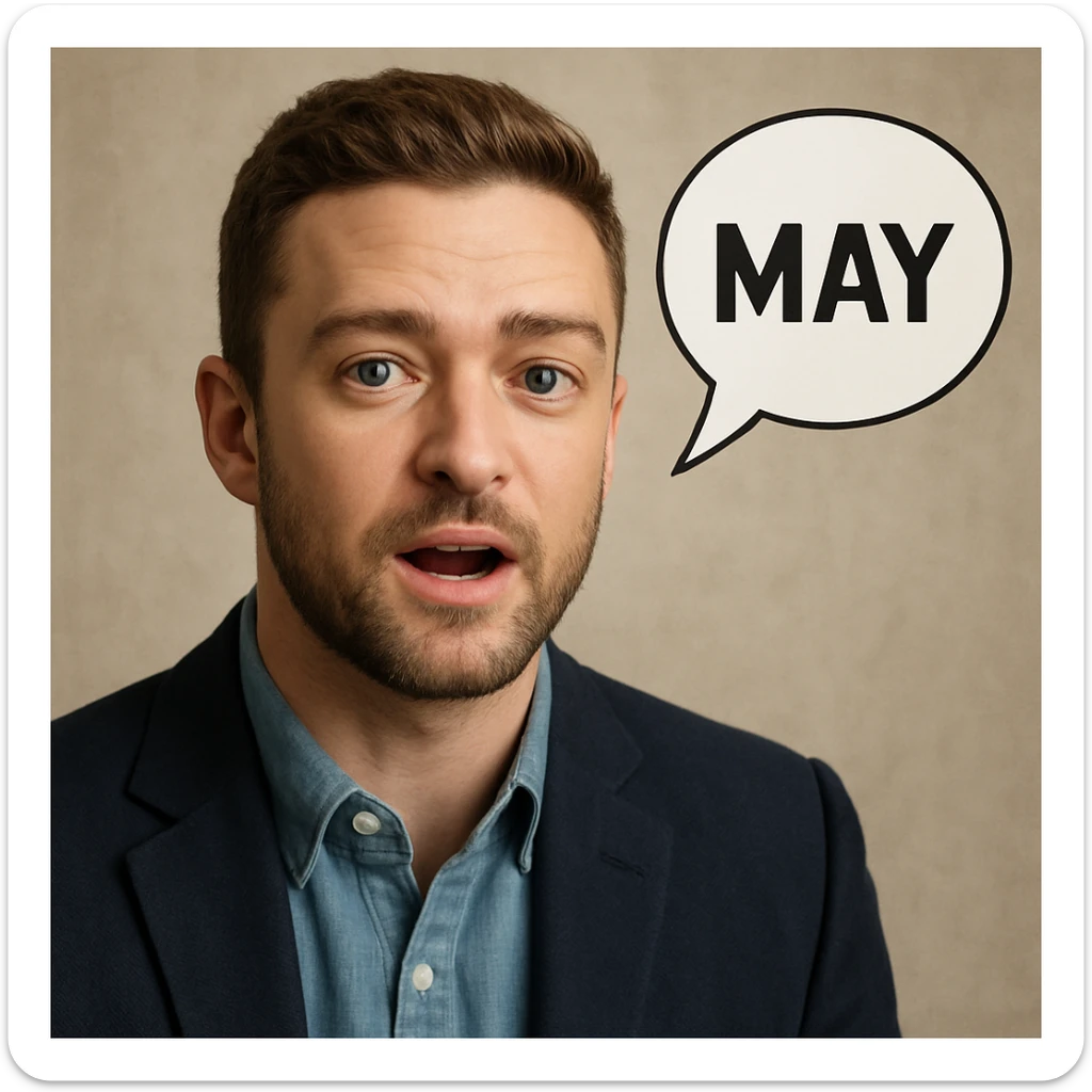 realistic illustration of a Justin Timberlake lookalike saying 'MAY' sticker