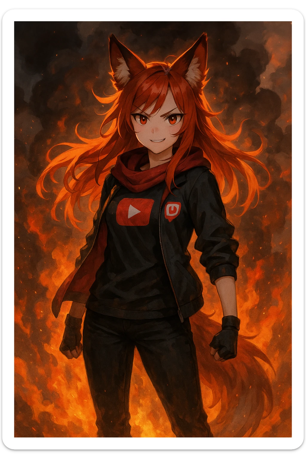 THE TWITCH AND YOUTUBE CHARACTER "ARIFOX_VT" STANDING IN FRONT OF SMOKE AND FIRE sticker