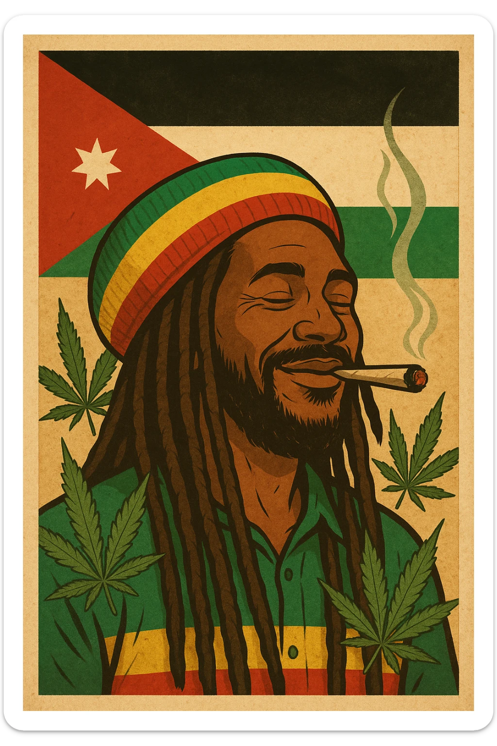 A digital vintage-style poster illustration of a Jordanian Rasta man with dreadlocks, wearing a red, yellow, green striped tam hat. He is smiling peacefully with a lit herbal spliff in his mouth. The background features the official Jordan flag — black, white, green horizontal stripes with a red triangle and a white 7-point star — accurately displayed behind him. Cannabis leaves are tastefully arranged around the composition, and the poster includes Rasta color textures blended with the Jordanian palette. Use a retro poster style with warm, slightly aged textures, bold outlines, and soft shading to evoke a soulful reggae vibe that honors both Jordanian pride and Rasta spirit. The mood is chill, powerful, and respectful sticker