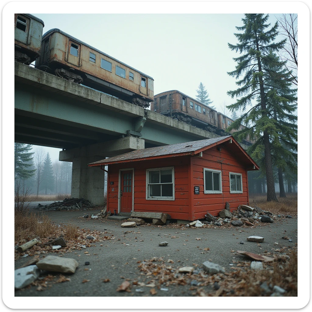  a screenshot of a location in a videogame  the image of the scene consists of:  [above-ground train freeway partially collapsed], a red 1980's construction wooden motel painted red, surrounded by war-torn pollution wreckage, wooded area sticker