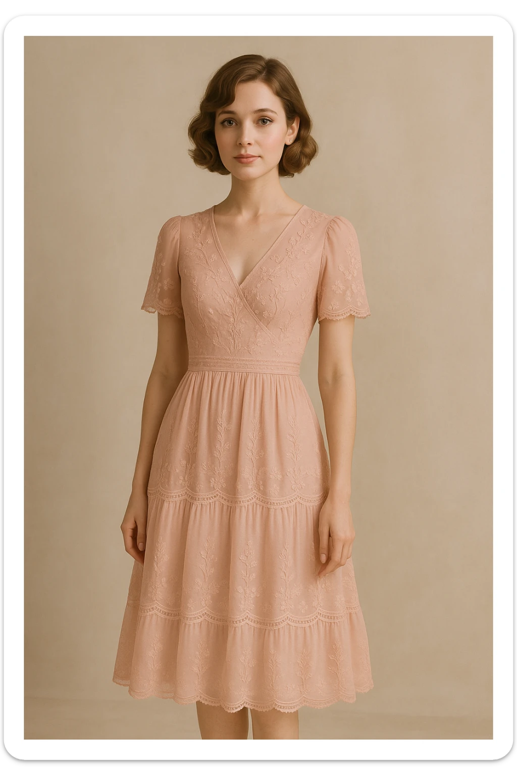 full body portrait of a woman with white skin, short wavy light brown hair, light makeup, wearing a pink dress with beautiful, delicate details, elegant and feminine sticker