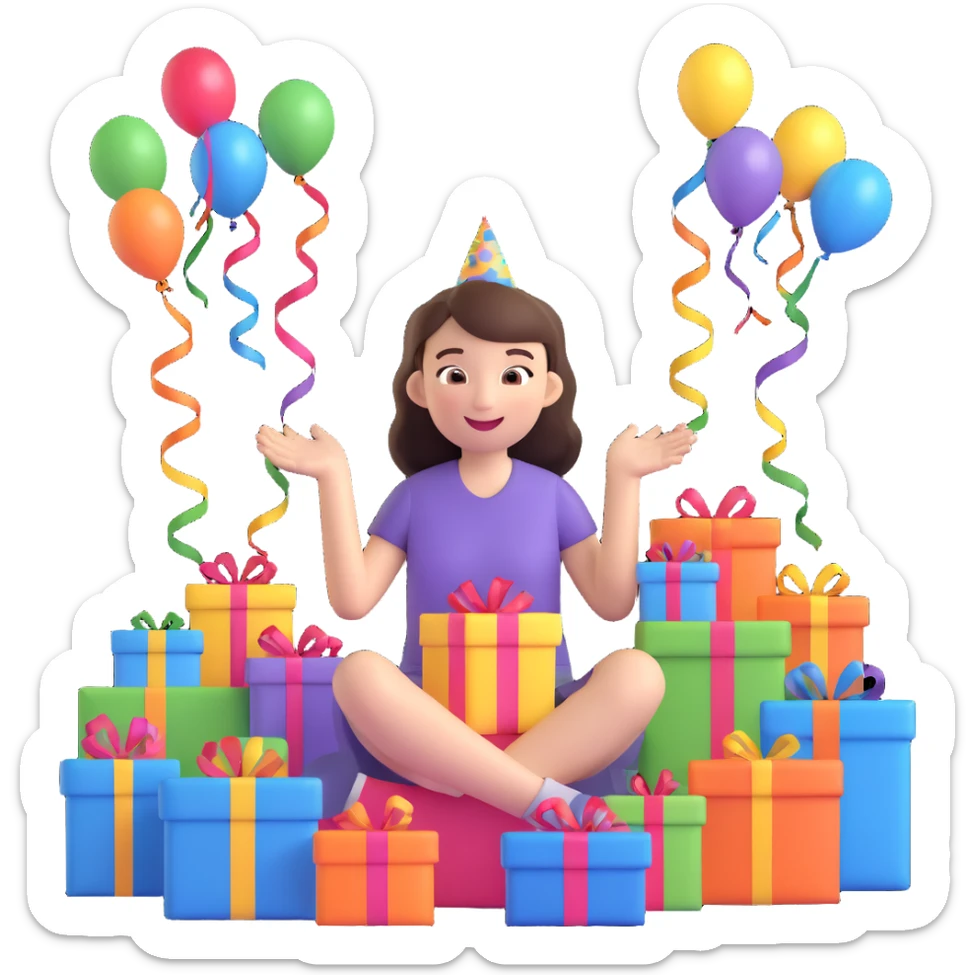 brunette girl opening birthday presents, excited, surrounded by gifts and streamers sticker