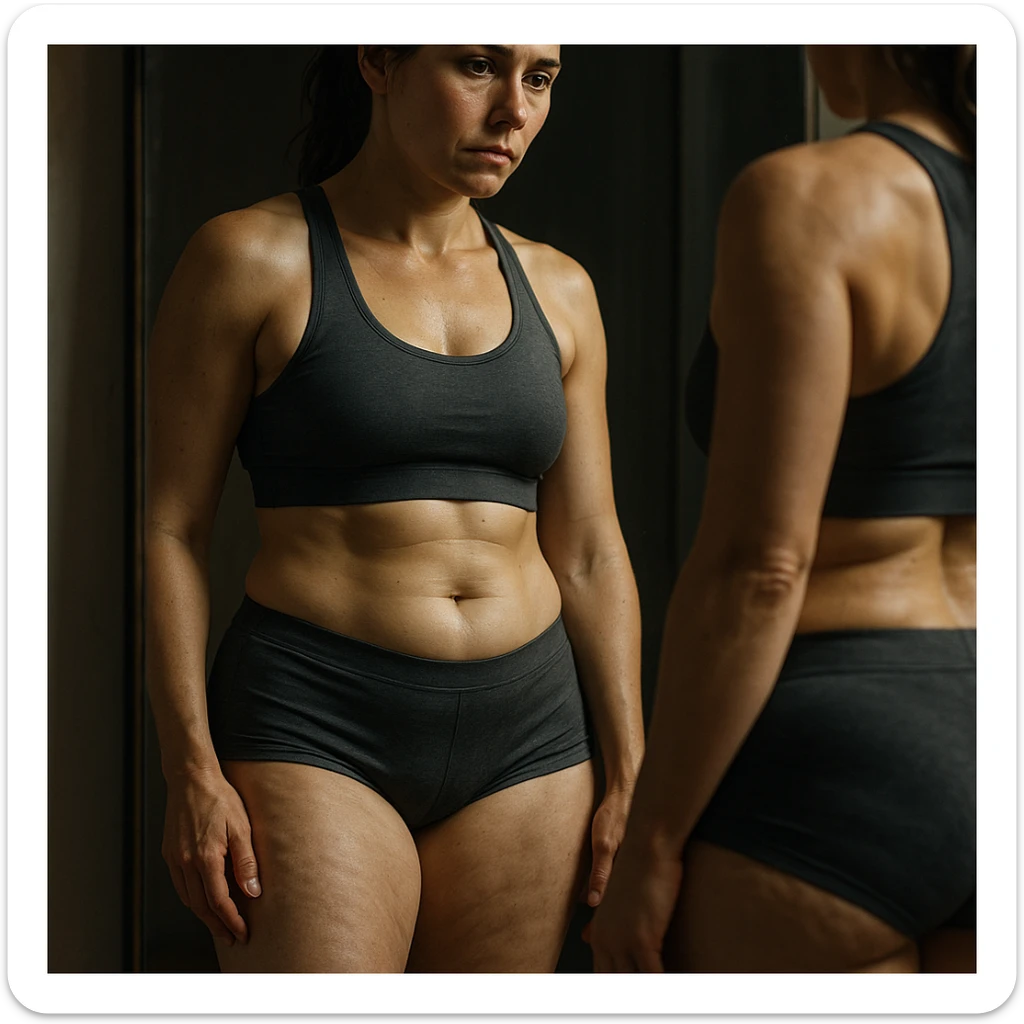 hyper realistic 4K image of a woman looking at herself in the mirror, fit but with stubborn fat on legs and thighs, detailed skin, reflective expression, cinematic lighting sticker