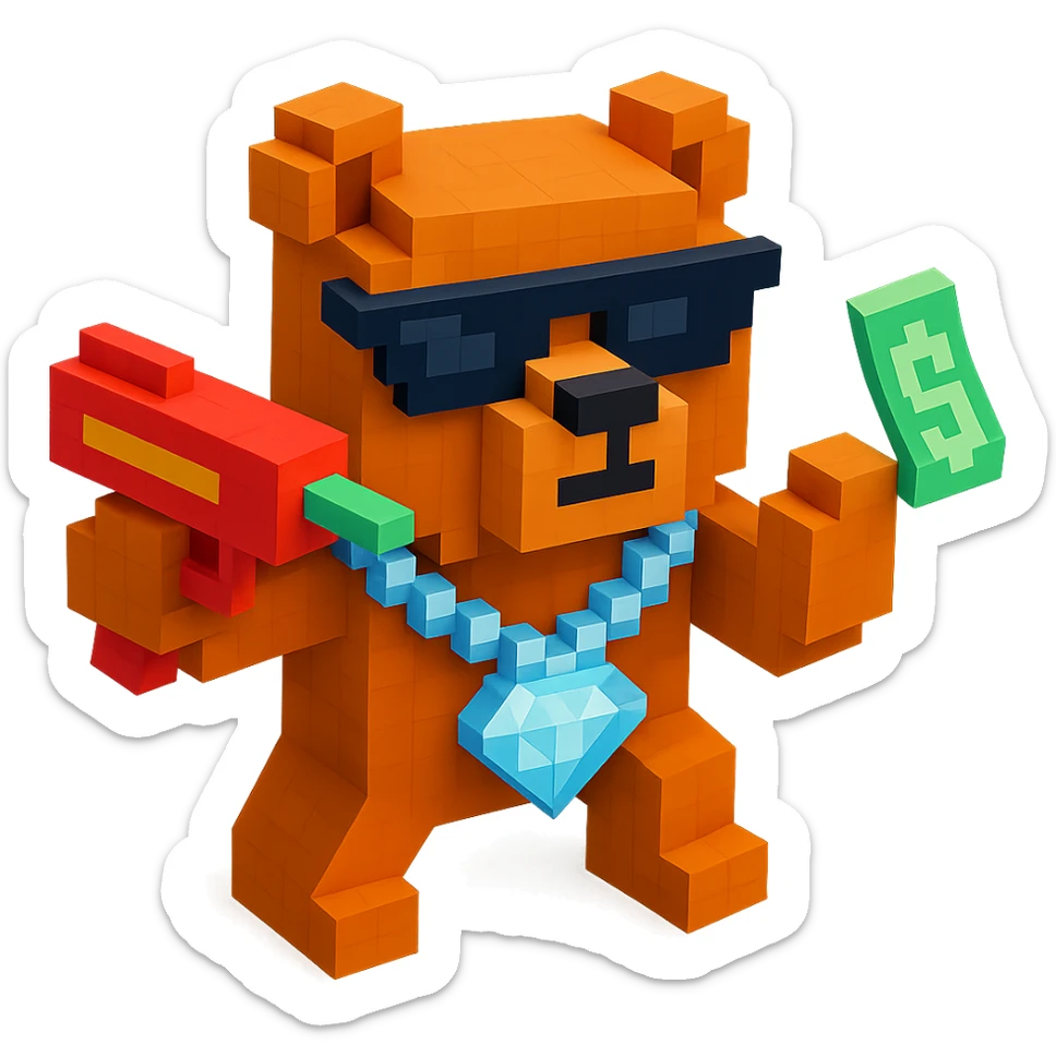 Russian grizzly bear in a rapper pose, wearing a diamond chain and holding a money gun sticker