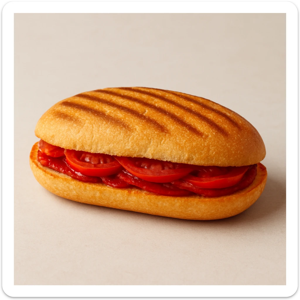 oval panini sandwich with red filling, clear view of the sandwich, appetizing, simple background sticker