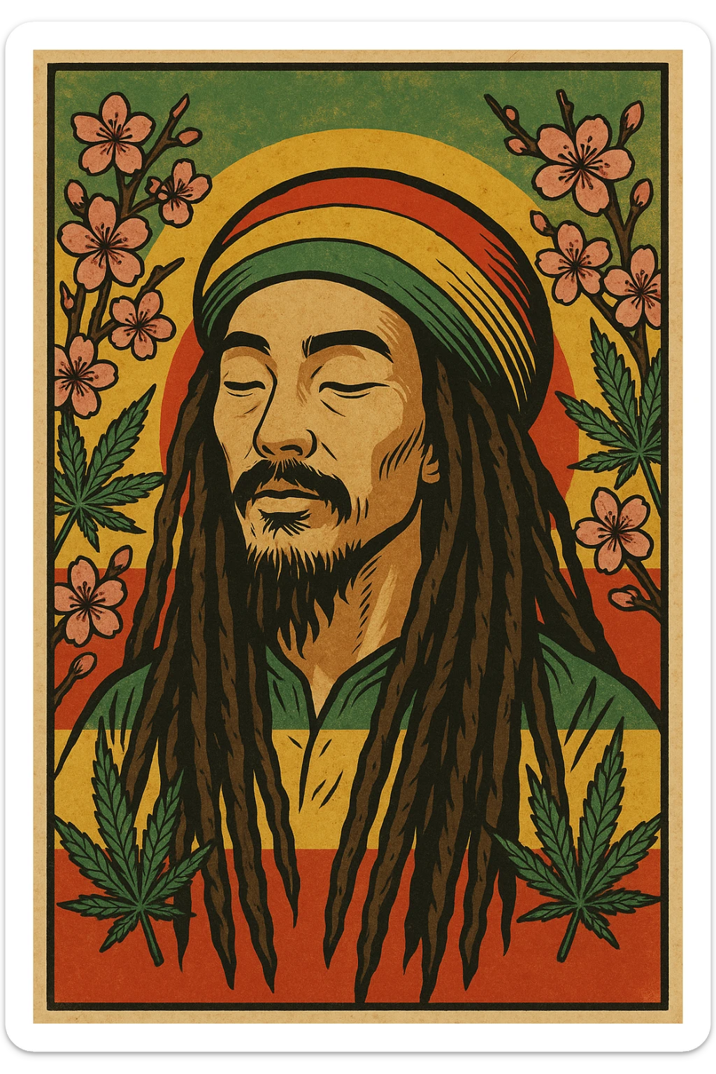 Vintage poster of an Asian Rasta with long dreadlocks, peaceful eyes, and a red-gold-green tam. Surrounded by cherry blossoms and ganja leaves. Background blends Rasta colors into an Asian flag (e.g., red sun from Japan or Chinese star). Retro reggae fusion vibe, with bold lines and aged paper texture.
 sticker