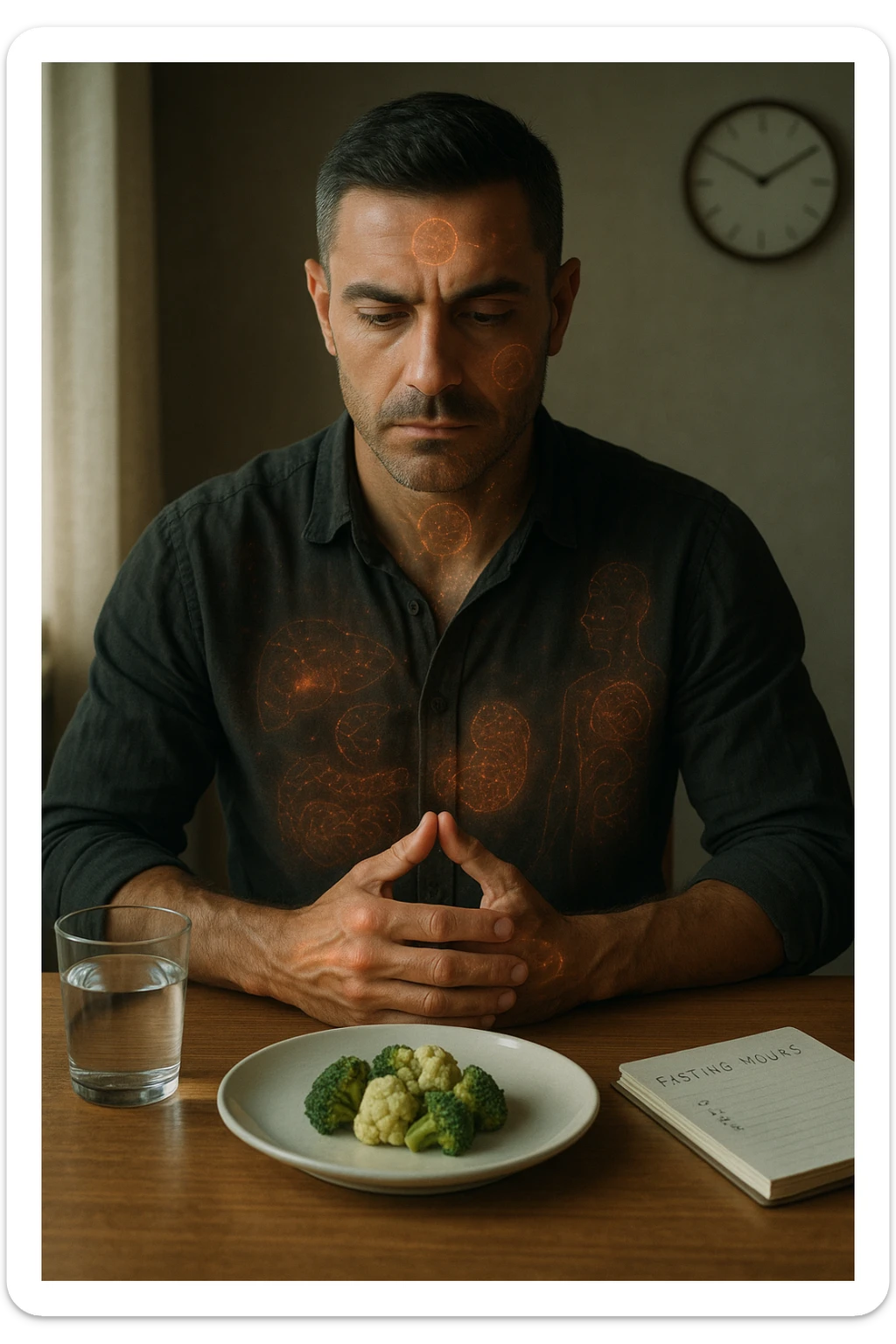 A cinematic close-up of a focused man in his mid-30s with slight beard and tired but determined eyes, sitting alone at a simple wooden table with an untouched plate of food in front of him. His hands are clasped, fingers interlocked in a meditative position over his lower abdomen, symbolizing willpower and internal balance. He wears a lightweight natural fiber shirt, sleeves rolled up. The lighting is soft and natural, early morning light coming from a nearby window. Around him, visual cues of cellular regeneration — faint glowing patterns subtly overlaying his body, especially near the liver, gut, and brain, suggesting autophagy and deep healing. The room is minimalist: a glass of water, a notebook with fasting hours, and a clock in the background ticking calmly. The tone is serene, intentional, and deeply introspective. Shot in 35mm cinematic style, warm highlights and clean shadows. sticker