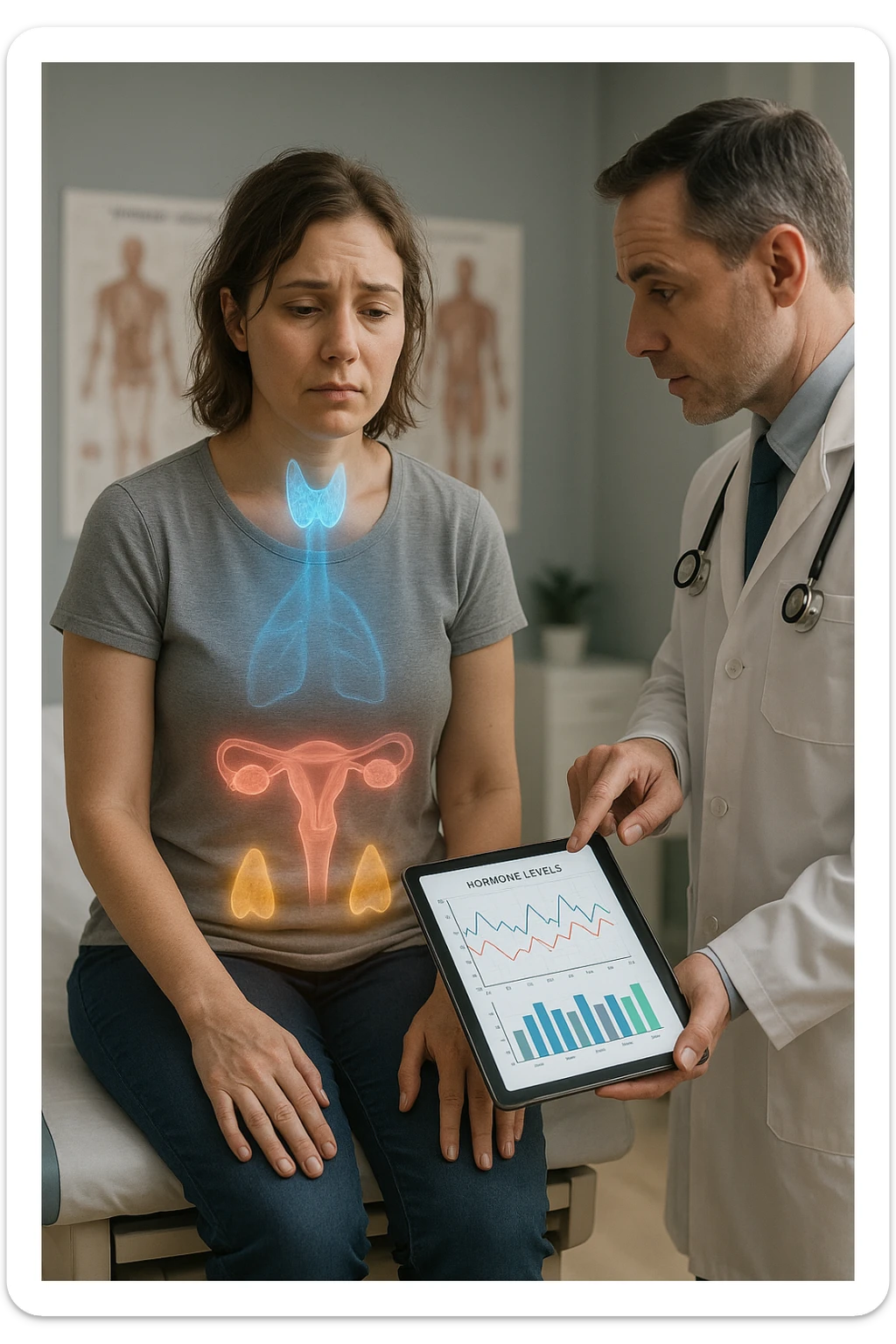 Realistic, vertical medical scene: a woman sits in a doctor’s office, looking fatigued and concerned. A semi-transparent overlay shows her internal organs, with the thyroid, ovaries, and adrenal glands glowing or pulsing in different colors to indicate hormonal imbalance. The doctor points to a digital tablet displaying fluctuating hormone levels. The mood is informative and empathetic. sticker