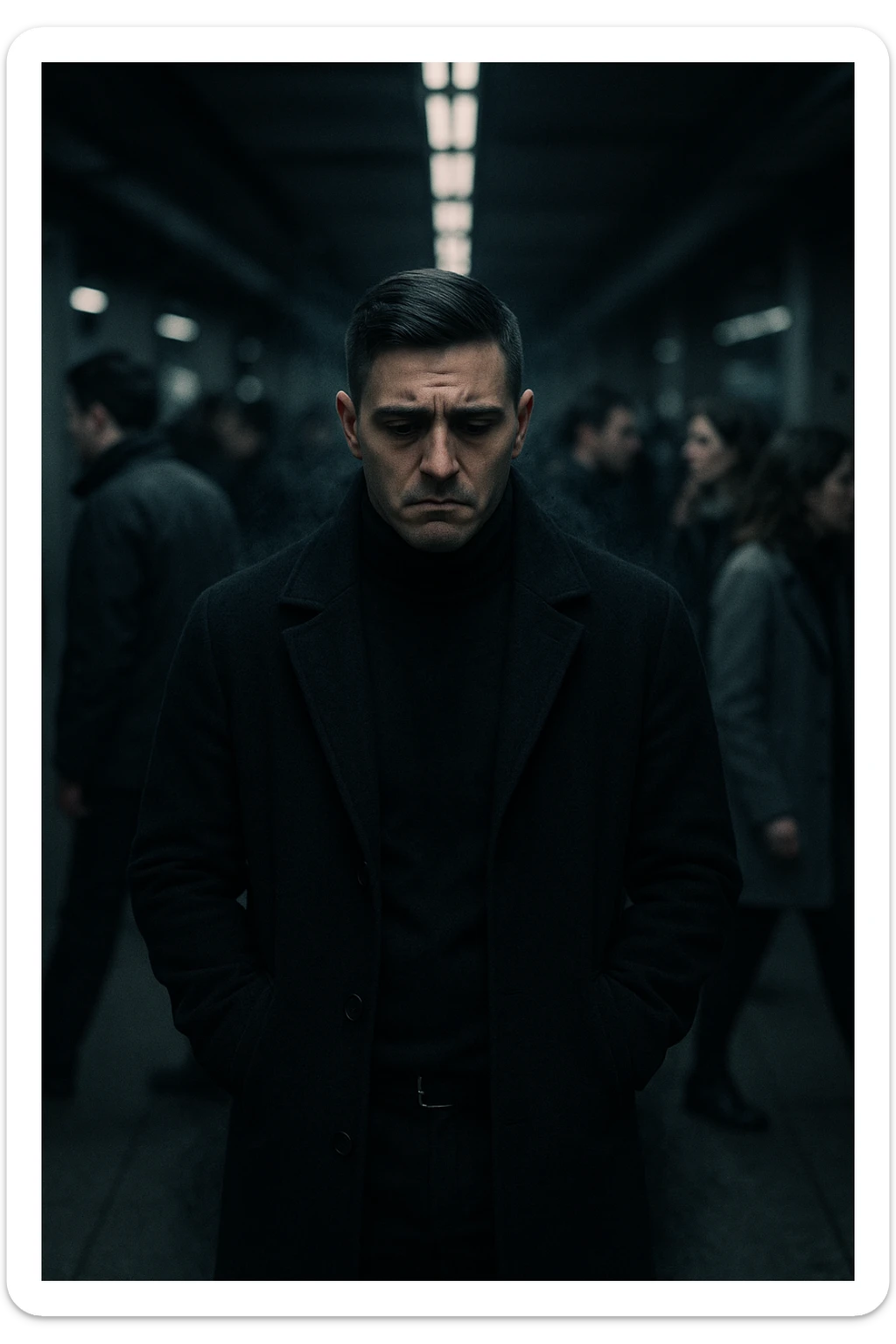 A cinematic shot of a man in his early 30s standing still in the middle of a crowded urban environment — perhaps a subway platform or office hallway — surrounded by blurred, cold-looking people facing away from him or speaking among themselves, ignoring him completely. The man has a heavy, emotionally drained expression, shoulders slightly slouched, hands in his coat pockets. He stands out in sharp focus while the others are dimly lit, grey-toned, and in motion blur. The lighting is harsh and cool, with strong shadows and low saturation to emphasize emotional isolation. A subtle dark aura or mist lingers around the man’s body, visually conveying the weight of negativity and emotional pressure. Shot in 35mm cinematic style, high realism, with a desaturated color palette and shallow depth of field sticker