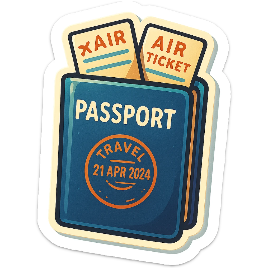 retro sticker-style illustration of a passport with two airline tickets sticking out at an angle, travel stamp visible on the passport cover, bold outlines, juicy colors, expressive shadows and highlights, playful and glossy look sticker