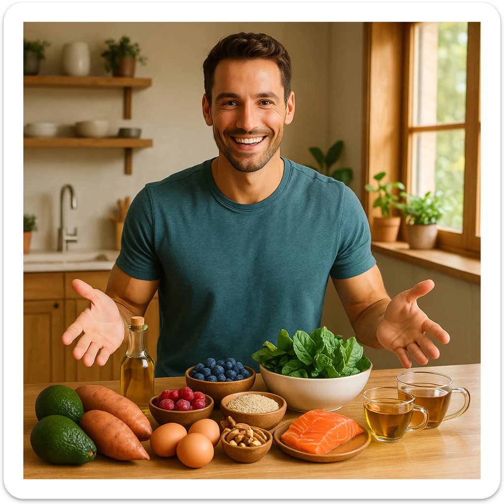 a healthy, smiling man in a sunlit kitchen with wooden accents, surrounded by avocados, sweet potatoes, olive oil, berries, quinoa, eggs, leafy greens, nuts, salmon, and herbal teas, gesturing toward his favorite foods, vibrant and modern lifestyle photography sticker