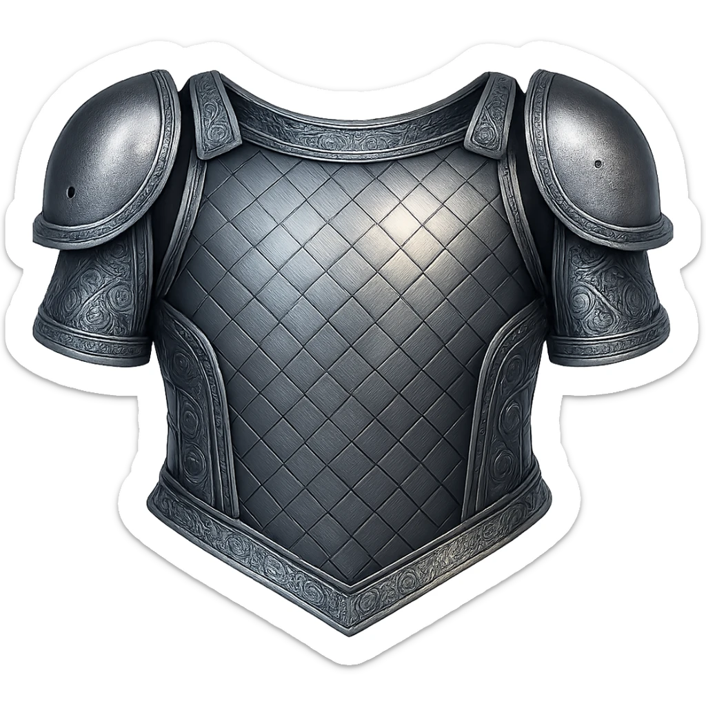 Recolor this iron platebody to realistic metallic steel with crisp, shiny, and slightly fancier iron engravings. Keep the look detailed and realistic in a style inspired by emoji style. Transparent background. sticker