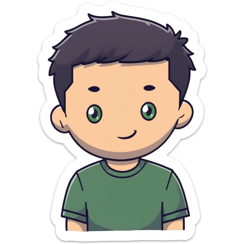 white man with dark messy short hair, dark green eyes, wearing a gray t-shirt sticker