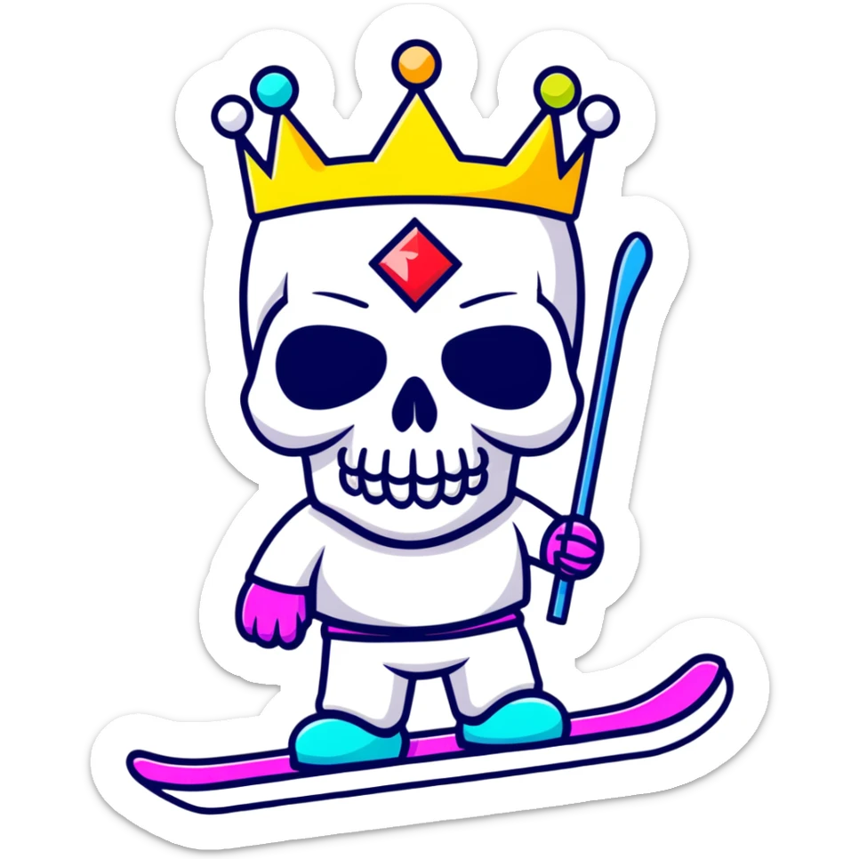 vibrant multicolored skull wearing a jeweled crown and bright colorful ski mask sticker