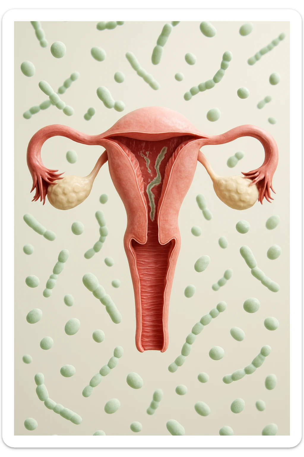 utero umano realistico con batteri della candida intorno, la foto si deve vedere per intero in formato verticale, sullo sfondo neutro chiaro ci sono batteri della candida, iperrealistico 4k sticker