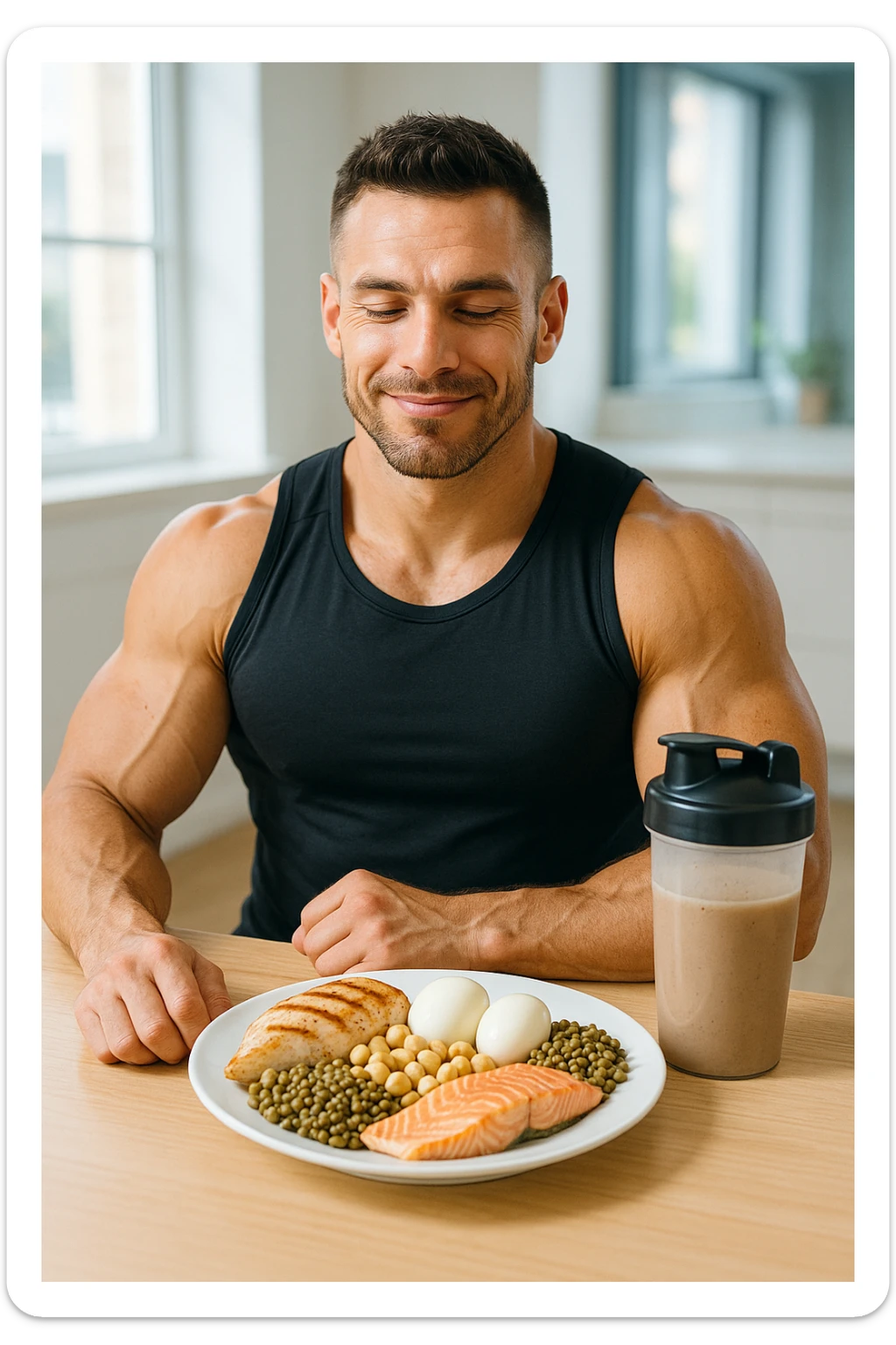 Uomo muscoloso, seduto a tavola con un piatto ricco di proteine: petto di pollo, uova, legumi, pesce e frullato proteico. Espressione soddisfatta e consapevole, in un ambiente luminoso, magari una cucina moderna o uno spogliatoio da palestra. Muscoli ben definiti, simbolo di cura e attenzione all’alimentazione. Atmosfera positiva, energetica sticker