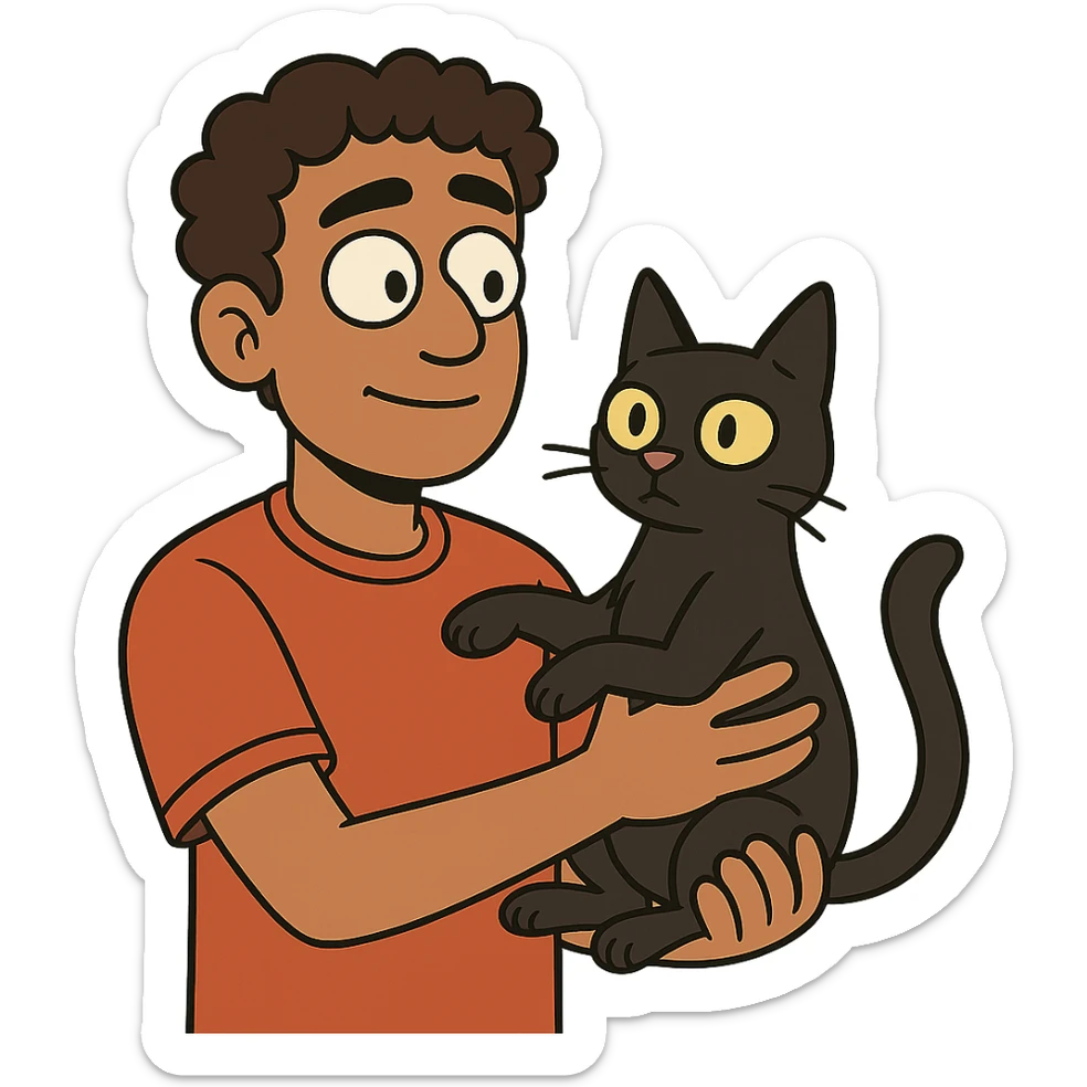 flat toon style young male with brown light skin, slightly curly hair, holding a black cat sticker