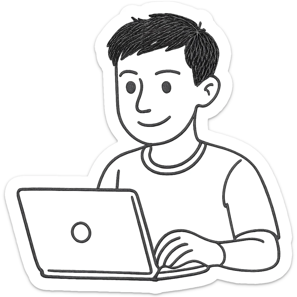 Change the man's hairstyle to a different style, keep him with dark hair and green eyes working on a laptop, hand-drawn outline style, simple background removed. sticker