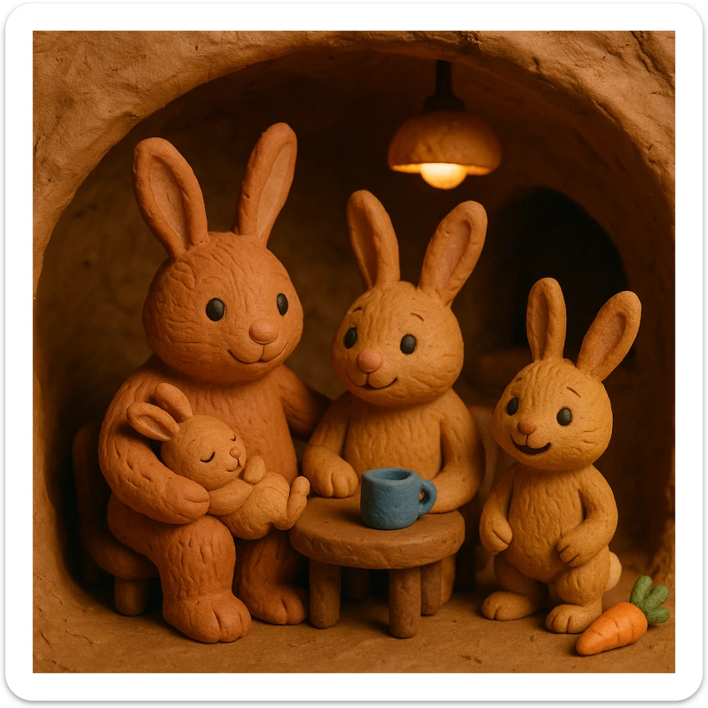 rabbit family in a burrow, cozy and cheerful, detailed fur, claymation style sticker