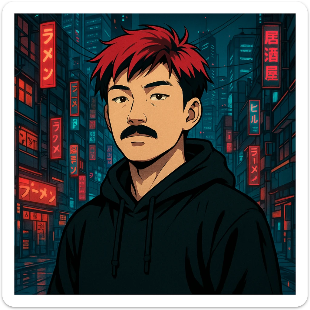 Asian man with black mustache, red hair, black hoodie, futuristic city background, Japanese cyberpunk anime style sticker