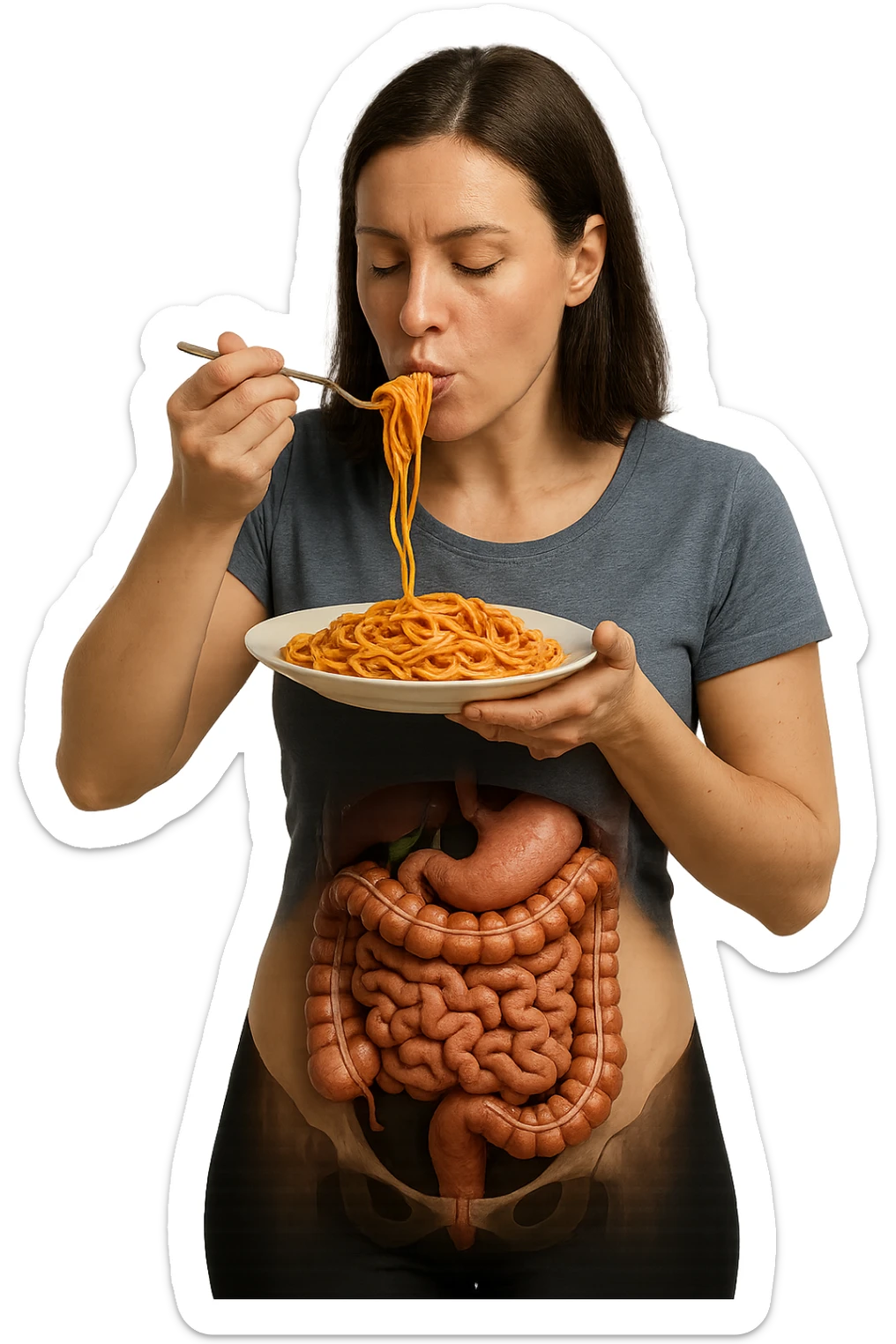 donna con intestino umano anatomico in evidenza che mangia un piatto di pasta, iperrealistico 4k sticker