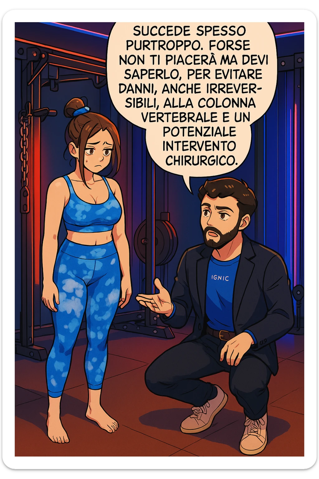 fai questa immagine in versione manga/webtoon a colori, il manga mostra l'uomo che risponde alla donne:
Succede spesso purtroppo. 
Forse non ti piacerà ma devi saperlo, per evitare danni, anche irreversibili, alla colonna vertebrale e un potenziale intervento chirurgico. sticker