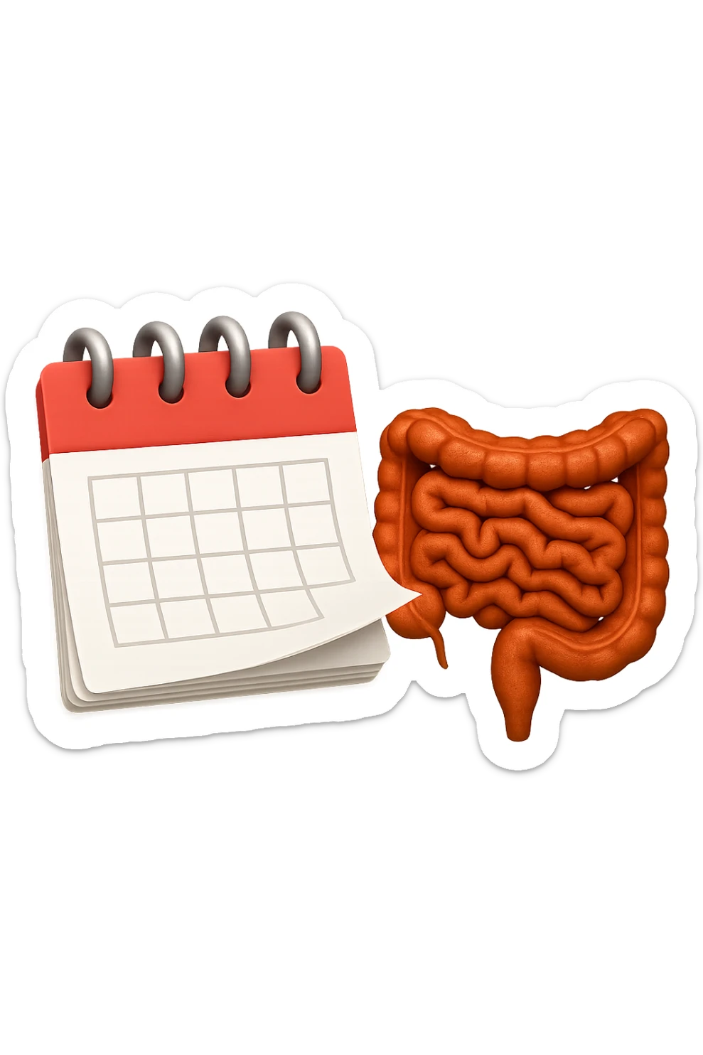emoji stile iphone di un calendario con fogli che volano insieme a pezzi anatomici di colon umano, iperrealistico 4k, isolato su sfondo bianco sticker