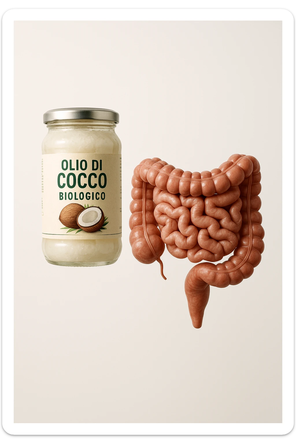 BOCCETTA DI OLIO DI COCCO BIOLOGICO (FAI UN ETICHETTA SUL PRODOTTO IN ITALIANO) CHE FLUTTUA IN ARIA INSIEME A UN INTESTINO UMANO ANATOMICO IN PERFETTA SALUTE, SFONDO CHIARO, iperrealistico 4k sticker