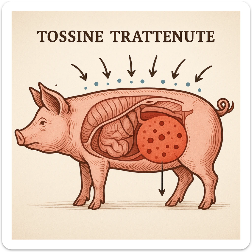 educational scene with anatomical diagram of a pig, arrows showing no toxin release through skin, highlighted accumulation of harmful substances, Italian text: 'Tossine trattenute', 4K quality sticker