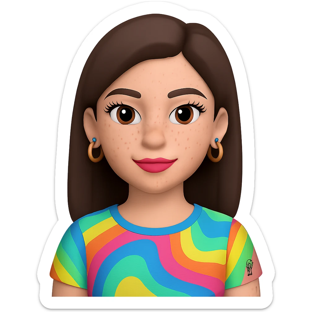 Change the skin to white, add freckles on the cheeks and nose, and ensure the hair is straight, keeping the rest the same. The subject is a female Memoji with an oval face, elegant makeup, long dark brown hair, colorful top, and a small visible tattoo on the arm. Maintain the transparent background. sticker