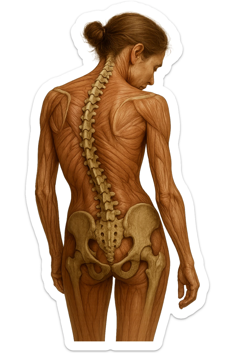 donna di spalle con spina dorsale in evidenza, postura storta, spalle chiuse in avanti, iperrealistica 4k sticker