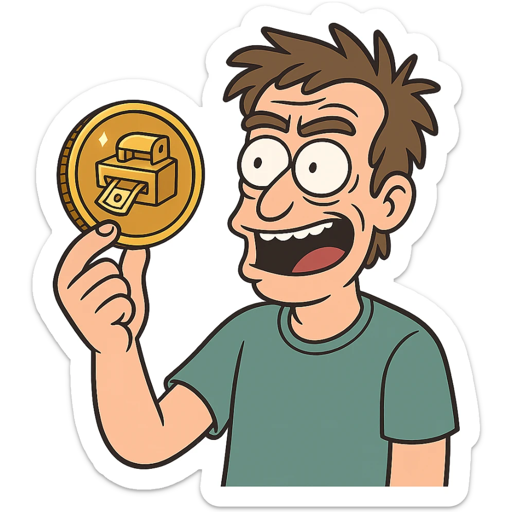 shiny coin with a miniature money printer illustration in the center, cartoon style sticker