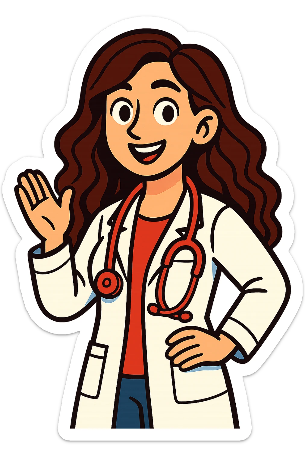 white-skinned female doctor with long wavy brown hair, wearing a white coat, red shirt underneath, red stethoscope around neck, vibrant cartoon style sticker