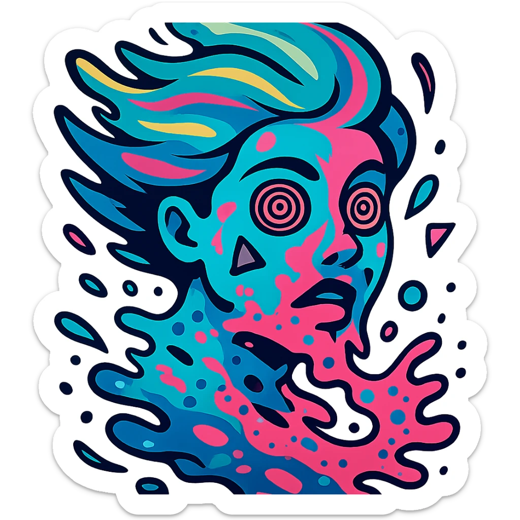 surreal portrait, neon turquoise and electric pink skin, face melting into swirling paint particles, hair as liquid aurora, spiral eyes, geometric shapes on face, dynamic movement sticker