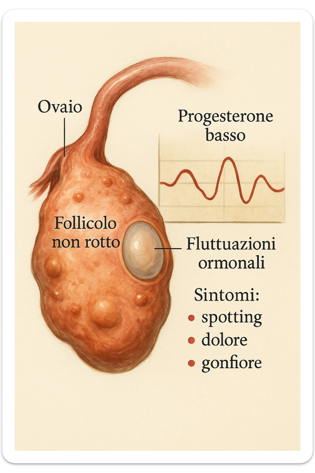 realistic and cinematic illustration of an ovary with an unruptured follicle, low progesterone, hormonal fluctuations, symptoms of spotting, pain and swelling, clinical details, captions in Italian sticker