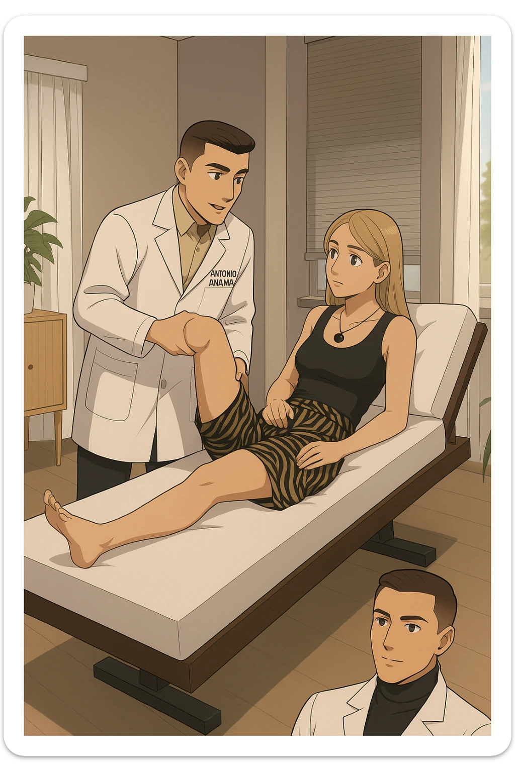 fai un webtoon/manga a colori con questo kinesiologo in camice bianco (fagli la scritta "ANTONIO ANANIA" SUL CAMICE) CHE SVOLGE UN TEST NEUROMUSCOLARE SOLLEVANDO UNA GAMBA ALLA RAGAZZA CHE è STESA SU UN LETTINO BIANCO. STANZA SEMPLICE E MODERNA, DURANTE IL TEST I DUE DIALOGANO TRA LORO. NON FARE I FUMETTI, FAI SOLO LORO COME SE DIALOGASSERO sticker