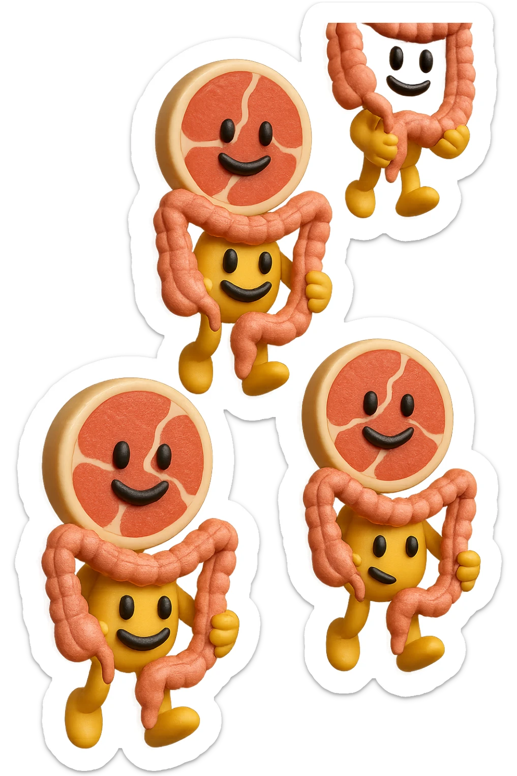 emoji stile iphone in 3d di fette di carne che cadono verticalmente dall'alto tenendo tra le mani pezzi di colon umano, iperrealistico 4k sticker