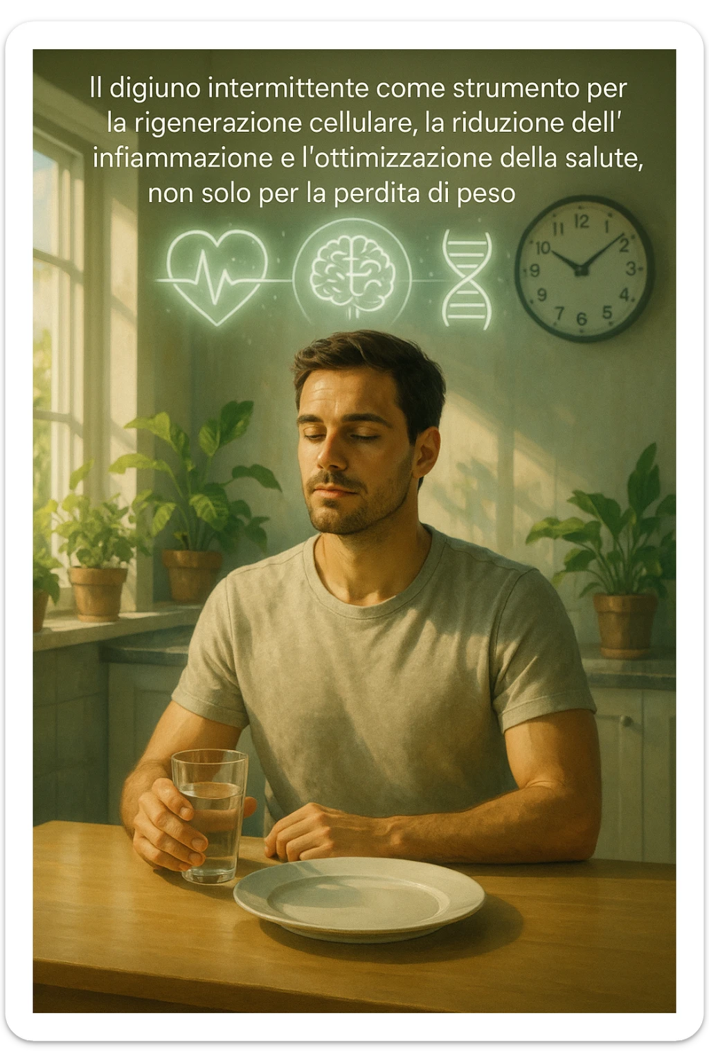 A realistic, cinematic illustration of a healthy, calm man in his early 30s sitting in a bright kitchen in the morning, with an empty plate in front of him and a glass of water in his hand, looking serene and focused. Behind him, the background shows subtle symbols of health: green plants, sunlight streaming in, and a blurred wall clock showing 10:00, symbolizing the fasting window. Above the man, a translucent overlay of medical icons (heart, brain, DNA strand) glows softly, illustrating that intermittent fasting acts as a powerful medicine, not merely a diet. The color palette is fresh and natural, emphasizing health, clarity, and focus. The style is realistic with slight cinematic tones, conveying that the man is using intermittent fasting as a tool for cellular regeneration, inflammation reduction, and health optimization rather than weight loss in italiano sticker