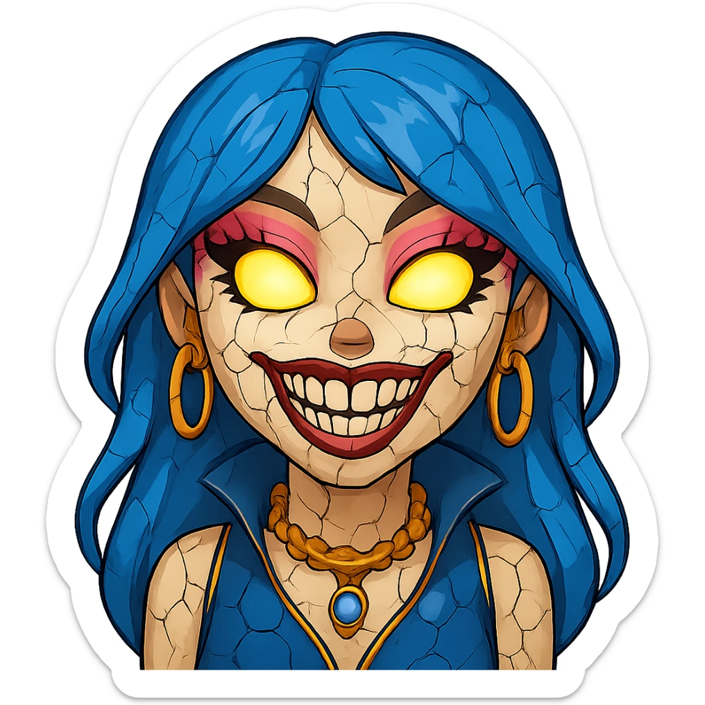 Add cracked porcelain effect to the emoji, keep glowing eyes, creepy gyaru style, blue hair, pretty makeup, bratz baddie vibe, emoji style, with no background. sticker
