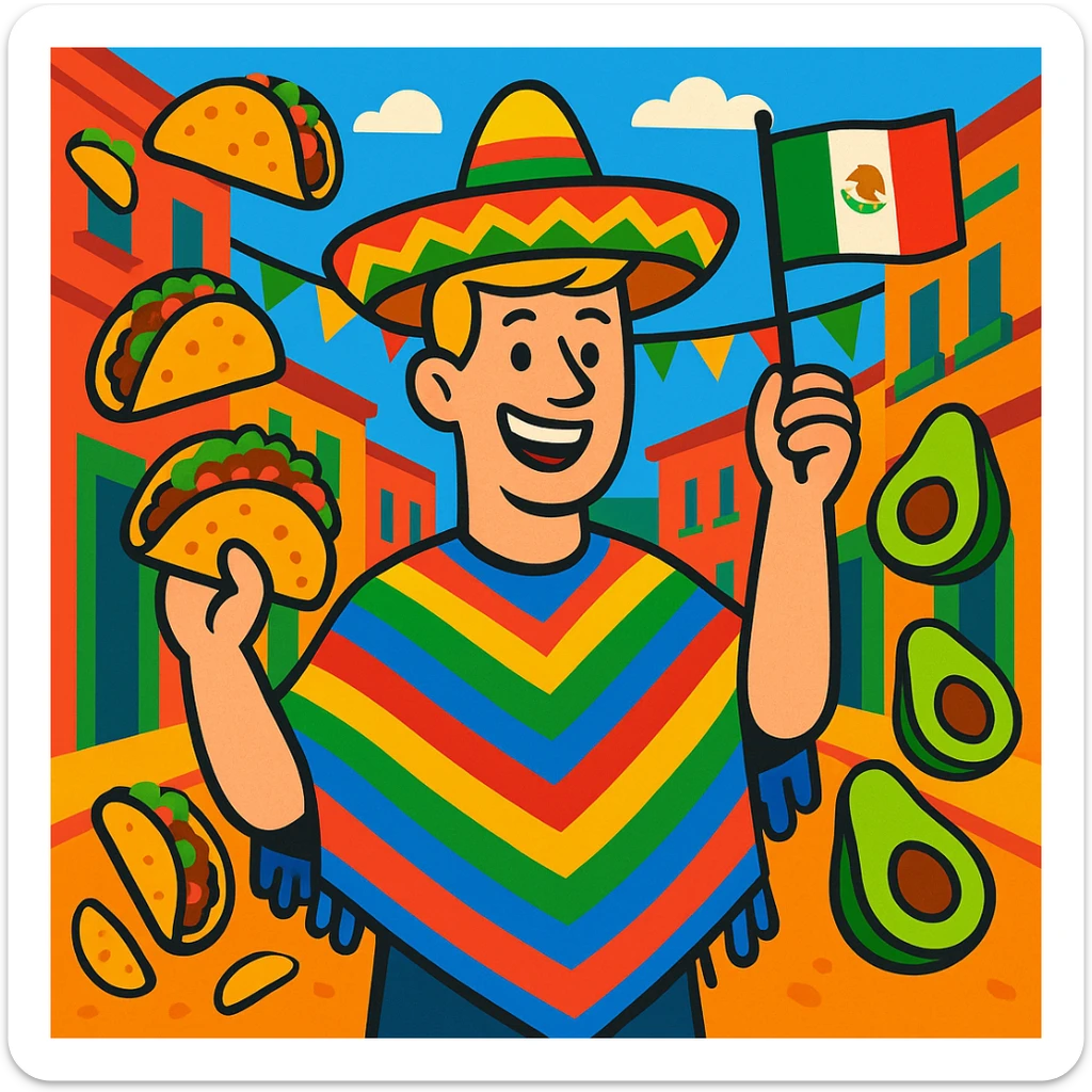 festive Cinco de Mayo cartoon of a tall white American with blonde hair, smiling, wearing a colorful poncho, holding a taco and an avocado, waving a Mexico flag, surrounded by tacos and avocados, on a lively street background, bright and bold colors sticker