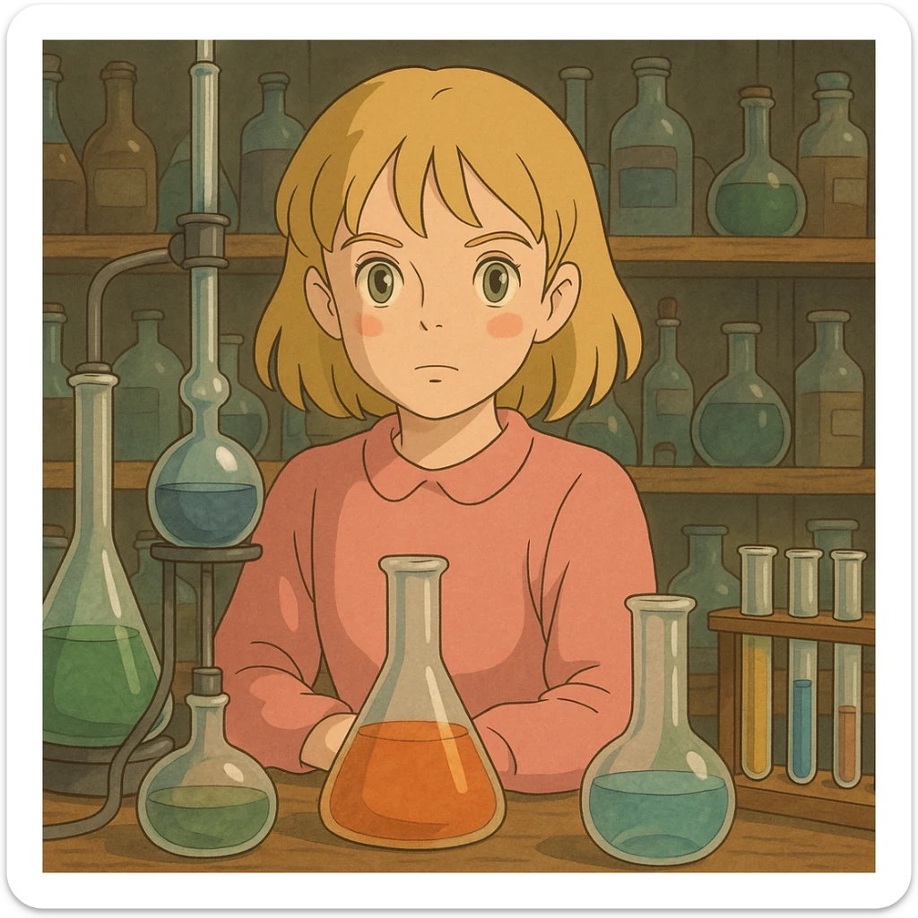 blonde girl with green-grey eyes, in pink clothes, surrounded by chemistry equipment, chemist style sticker
