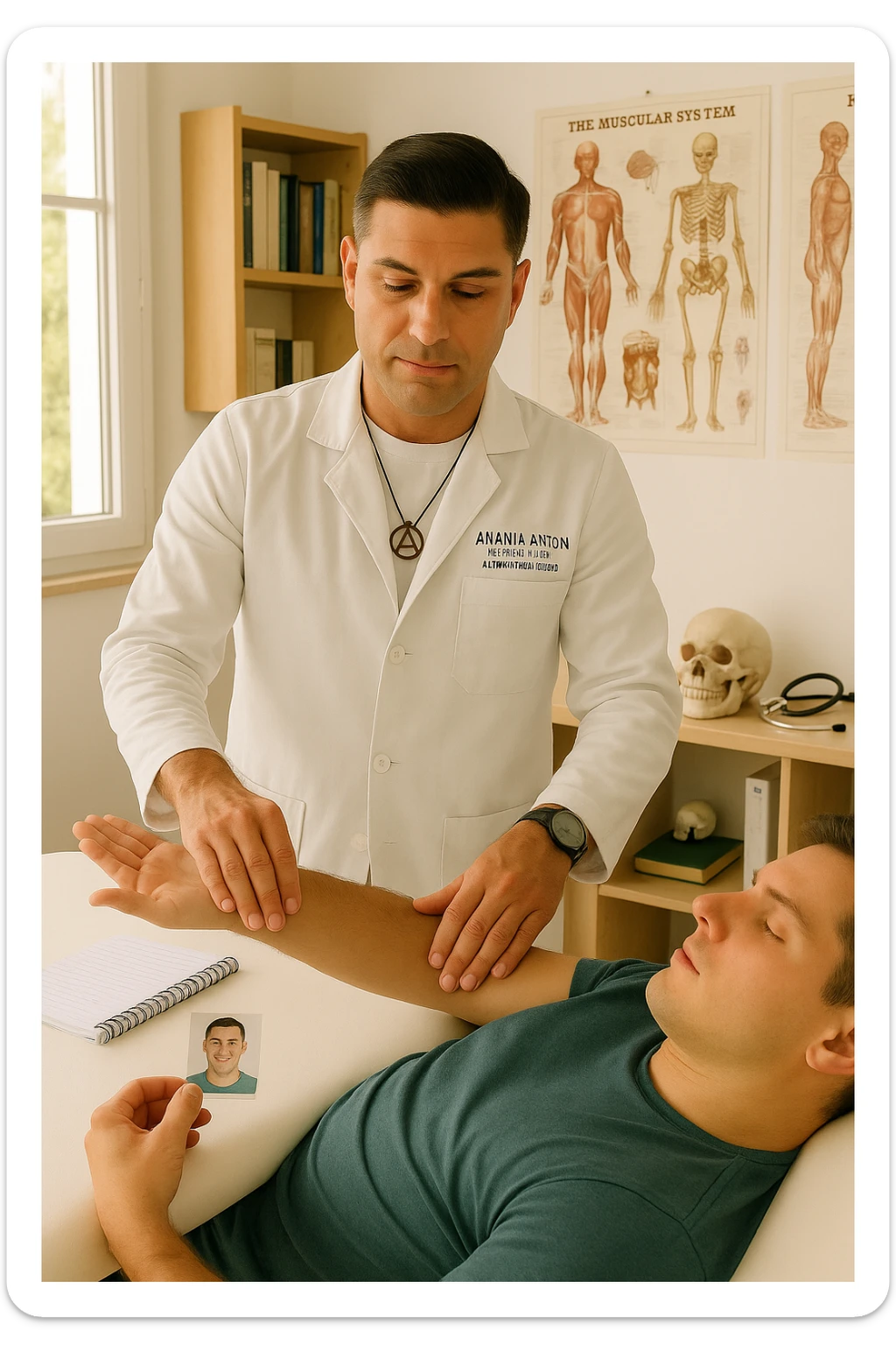 a middle-aged man, dressed in casual professional attire, is in a bright, organized therapy studio. Durante una visita di kinesiologia, il praticante tiene con una mano la foto di una persona lontana (il “testimone”) appoggiata su un tavolo, mentre con l’altra mano esegue un test muscolare su un cliente presente. Sullo sfondo si vedono libri di kinesiologia, poster anatomici e strumenti tipici della disciplina. L’atmosfera è concentrata e serena, con luce naturale che entra dalla finestra, sottolineando l’aspetto alternativo e umano della pratica. sticker
