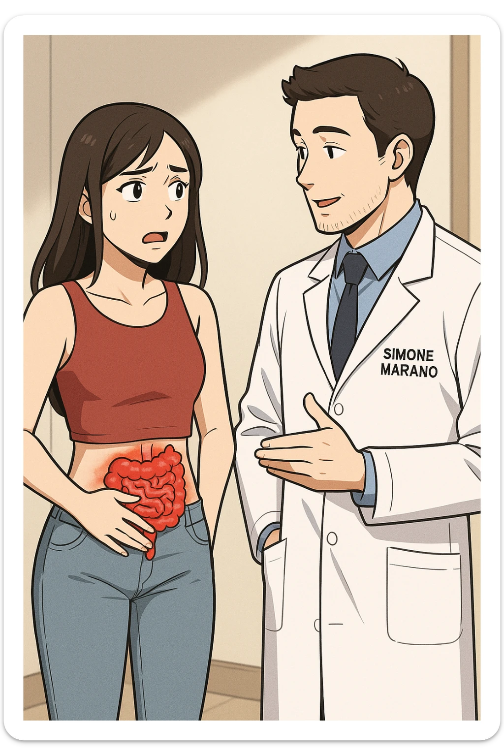 prendi spunto da questo stile di disegno e fai un webtoon/manga a colori con questo nutrizionista in camice bianco (fagli la scritta "SIMONE MARANO" SUL CAMICE) in piedi CHE PARLA CON UNA RAGAZZA in piedi accanto a lui. la ragazza GLI chiede UNA COSA preoccupata mentre si tocca la pancia e ha un intestino umano infiammato sulla pancia, e IL NUTRIZIONISTA CON IL CAMICE BIANCO le risponde mentre annuisce. la ragazza falla mora, con top rosso e jeans chiari, NON FARE I FUMETTI, FAI SOLO LORO COME SE DIALOGASSERO, falli a figura intera. la ragazza falla a sinistra e il nutrizionista a destra sticker