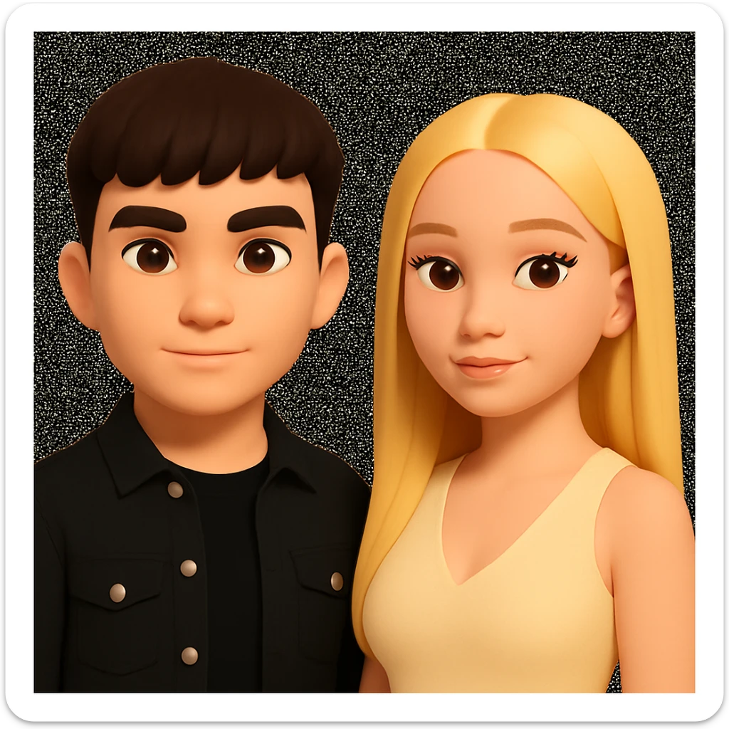 Slightly increase the volume of the upper body of the girl, significantly spread them apart from each other, make the skin color the same for both characters, keep the cartoon style as in the reference image. sticker