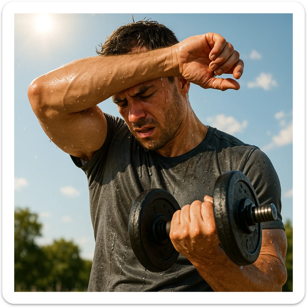 uomo fitness che si allena in estate, tutto sudato, con una mano fa un curl manubri mentre con l'altra mano si asciuga il sudore dalla fronte, espressione affaticata in volto sticker